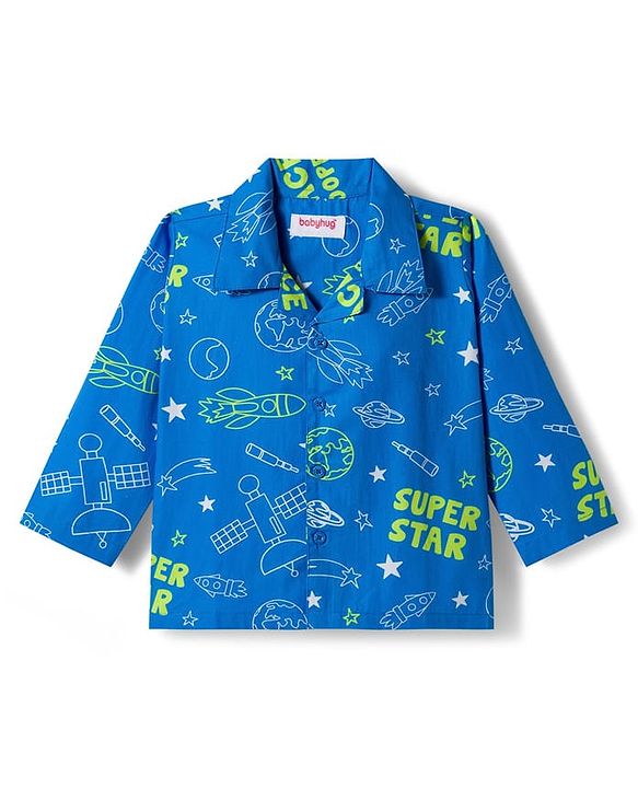 Babyhug Cotton Woven Full Sleeves Front Open Co-Ord Night Suit with Space Theme Print - Blue