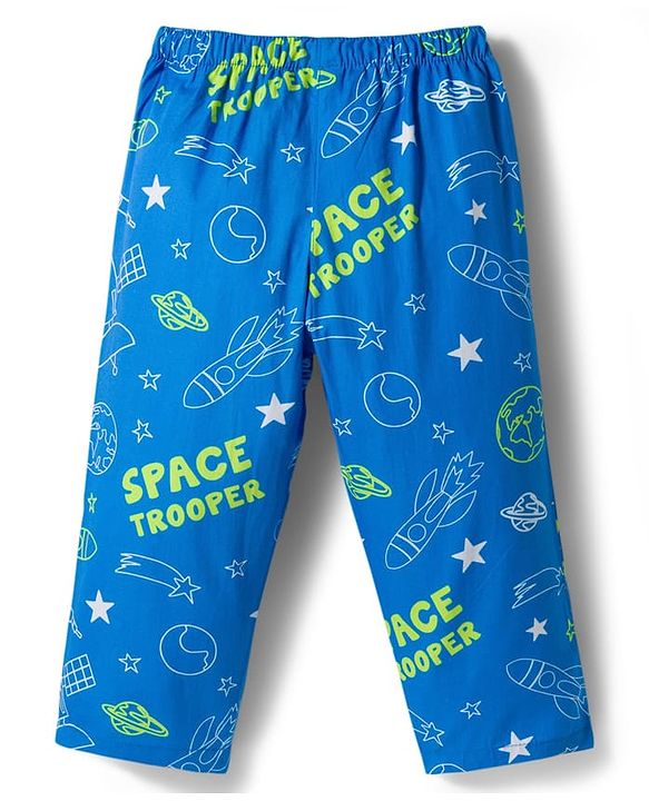 Babyhug Cotton Woven Full Sleeves Front Open Co-Ord Night Suit with Space Theme Print - Blue