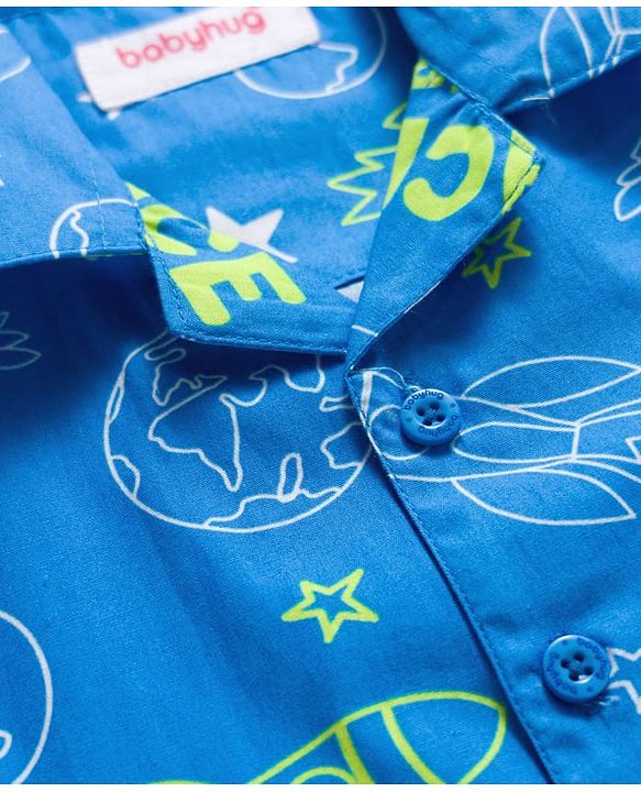 Babyhug Cotton Woven Full Sleeves Front Open Co-Ord Night Suit with Space Theme Print - Blue
