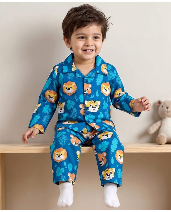 Babyhug Cotton Woven Full Sleeves Front Open Co-Ord Night Suit with Animal Print - Navy Blue
