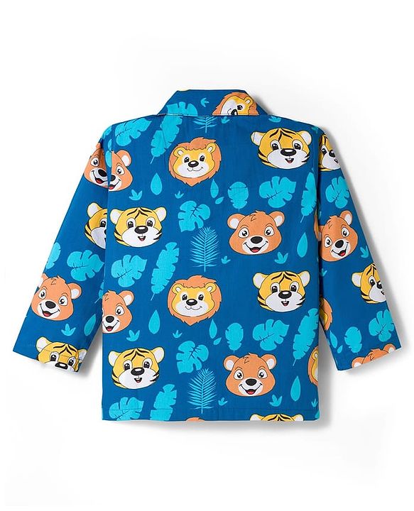 Babyhug Cotton Woven Full Sleeves Front Open Co-Ord Night Suit with Animal Print - Navy Blue