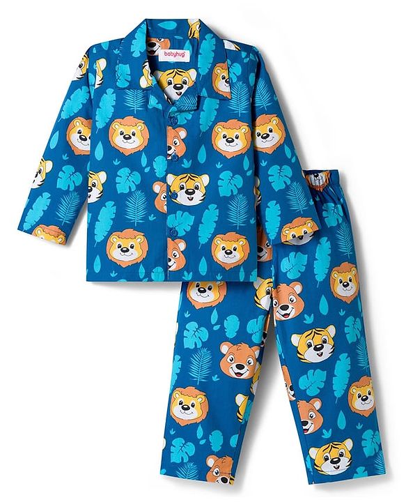 Babyhug Cotton Woven Full Sleeves Front Open Co-Ord Night Suit with Animal Print - Navy Blue