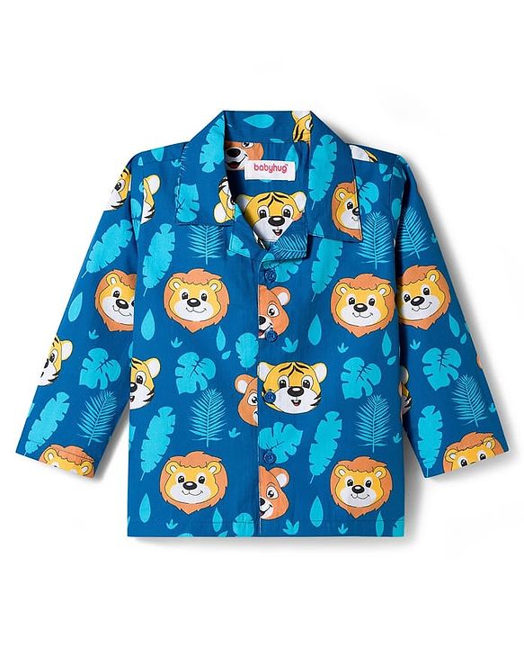 Babyhug Cotton Woven Full Sleeves Front Open Co-Ord Night Suit with Animal Print - Navy Blue
