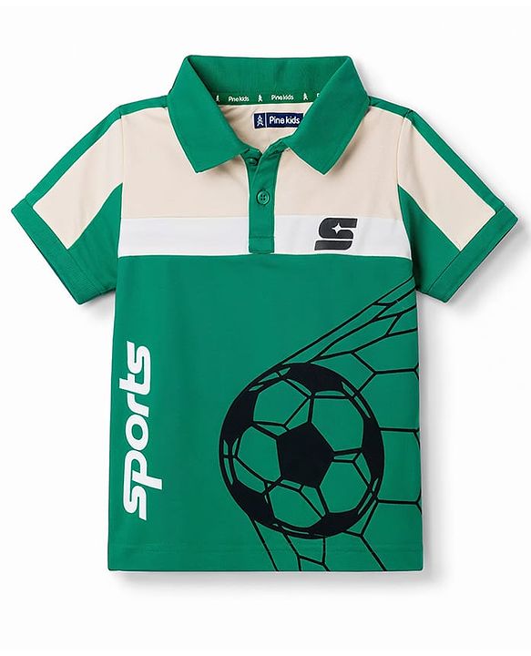 Pine Kids Cotton Knit Half Sleeves Polo T-Shirt with Colour Block Design & Football Print -Green