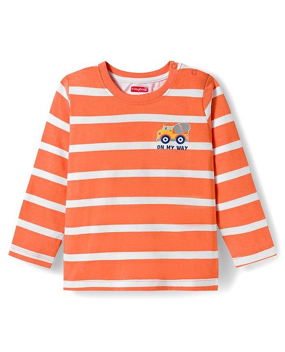 Babyhug Cotton Knit Full Sleeves Striped & Vehicle Printed T-Shirts Pack of 3 - Blue Orange & White