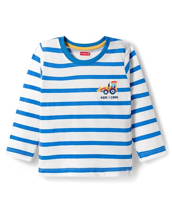Babyhug Cotton Knit Full Sleeves Striped & Vehicle Printed T-Shirts Pack of 3 - Blue Orange & White