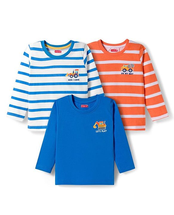 Babyhug Cotton Knit Full Sleeves Striped & Vehicle Printed T-Shirts Pack of 3 - Blue Orange & White