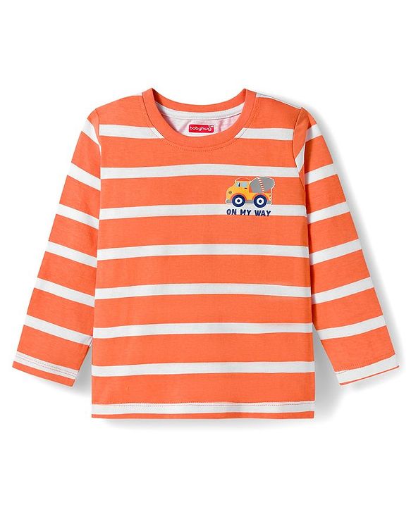 Babyhug Cotton Knit Full Sleeves Striped & Vehicle Printed T-Shirts Pack of 3 - Blue Orange & White