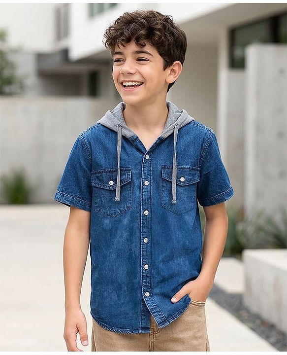 Pine Kids Cotton knit Half Sleeves Solid Color Hooded Shirt - Navy Blue