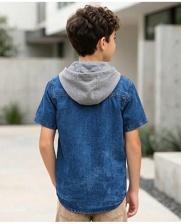 Pine Kids Cotton knit Half Sleeves Solid Color Hooded Shirt - Navy Blue