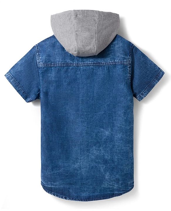 Pine Kids Cotton knit Half Sleeves Solid Color Hooded Shirt - Navy Blue