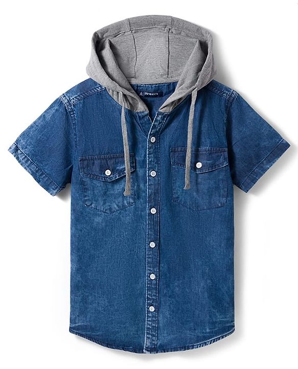 Pine Kids Cotton knit Half Sleeves Solid Color Hooded Shirt - Navy Blue