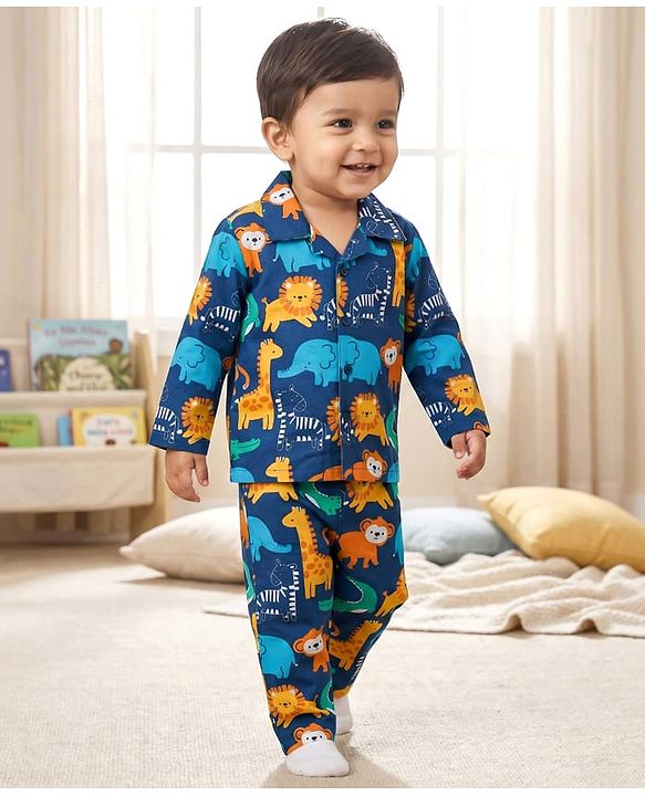 Babyhug Cotton Woven Full Sleeves Front Open Co-Ord Night Suit with Animal Print - Navy Blue