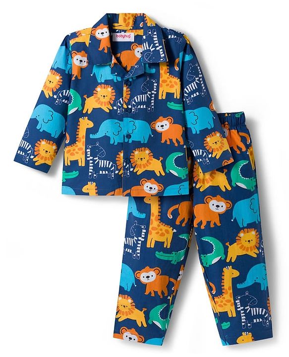 Babyhug Cotton Woven Full Sleeves Front Open Co-Ord Night Suit with Animal Print - Navy Blue