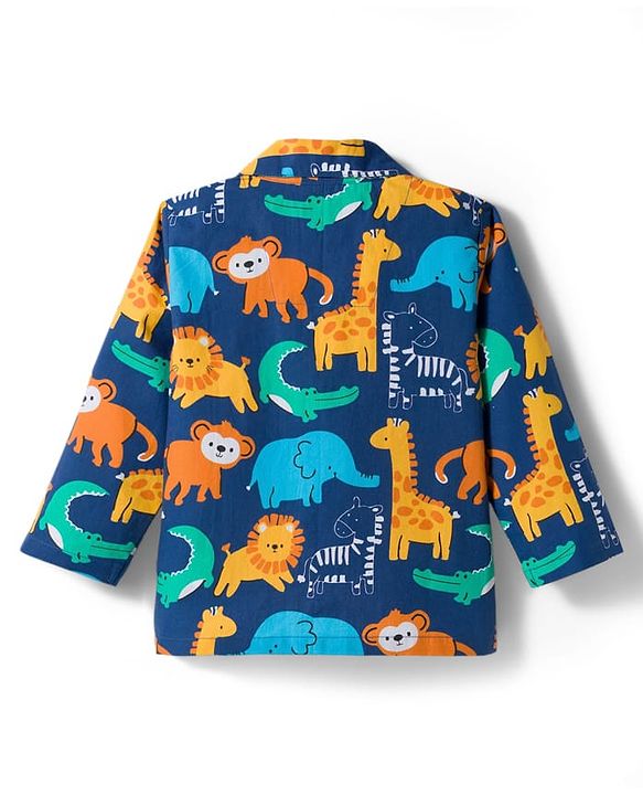 Babyhug Cotton Woven Full Sleeves Front Open Co-Ord Night Suit with Animal Print - Navy Blue