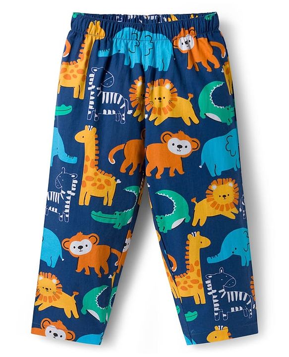 Babyhug Cotton Woven Full Sleeves Front Open Co-Ord Night Suit with Animal Print - Navy Blue