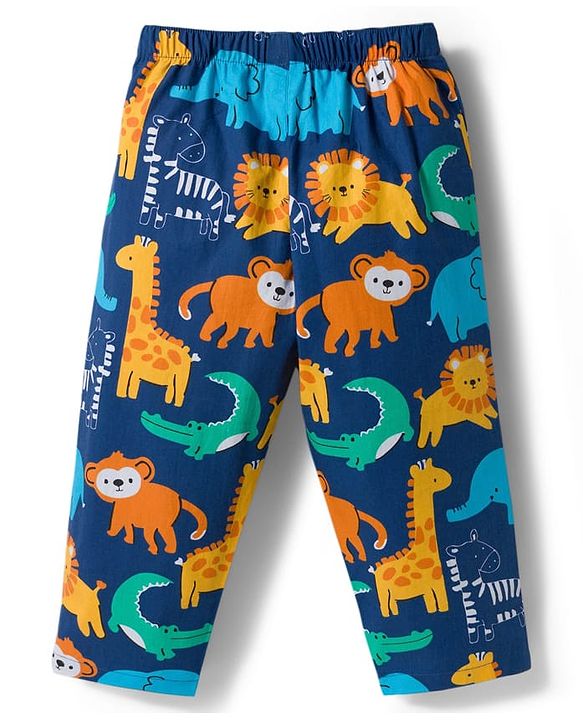 Babyhug Cotton Woven Full Sleeves Front Open Co-Ord Night Suit with Animal Print - Navy Blue