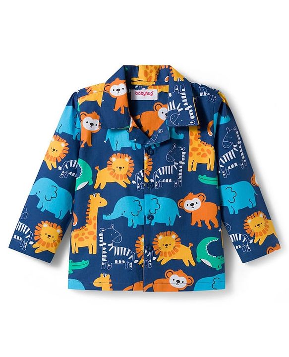 Babyhug Cotton Woven Full Sleeves Front Open Co-Ord Night Suit with Animal Print - Navy Blue