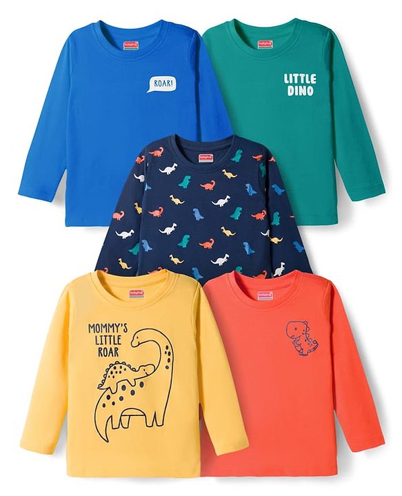 Babyhug 100% Cotton Knit Full Sleeves T-Shirts With Dino Print Pack of 5 - Multicolor
