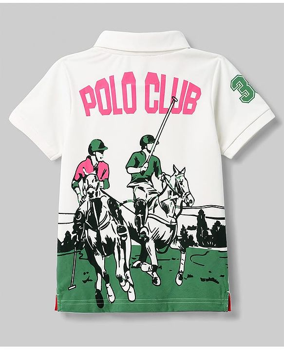 Pine Kids Cotton Knit Half Sleeves Polo T-Shirt with Polo Game Print in Back - White