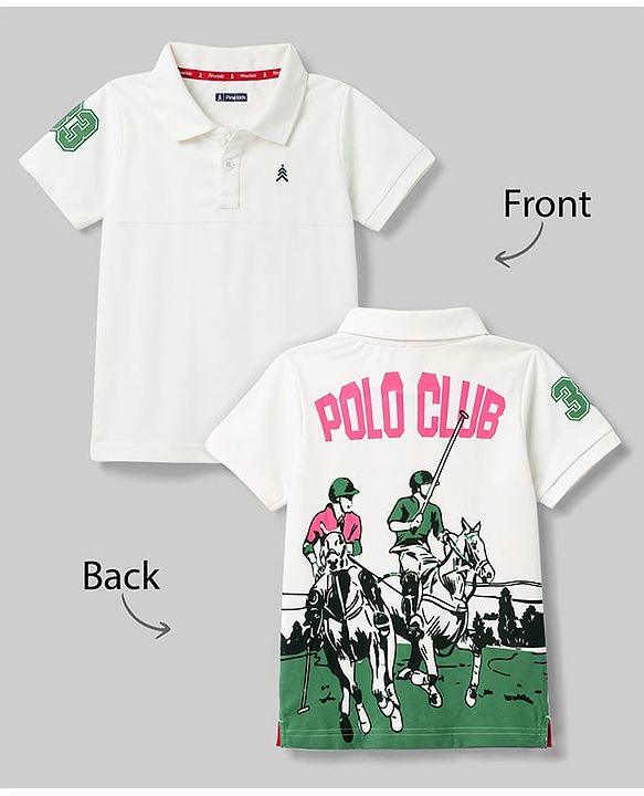 Pine Kids Cotton Knit Half Sleeves Polo T-Shirt with Polo Game Print in Back - White