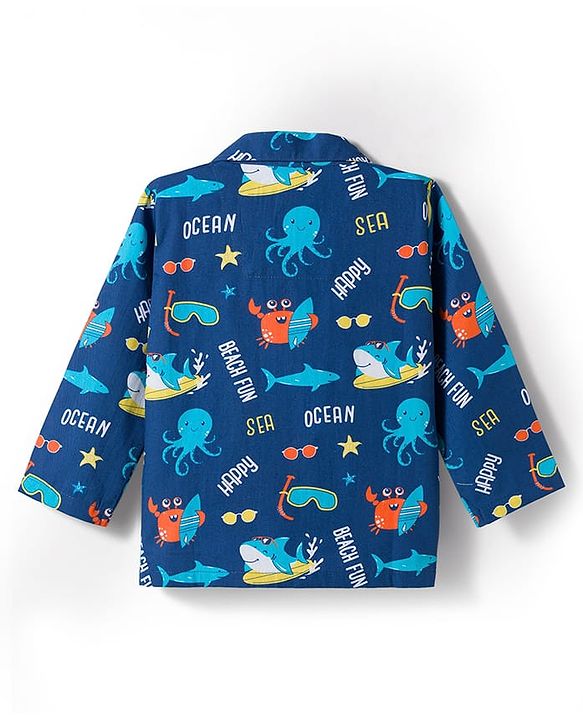 Babyhug Cotton Woven Full Sleeves Co-ord Night Suit With Sea Animal Print - Navy Blue