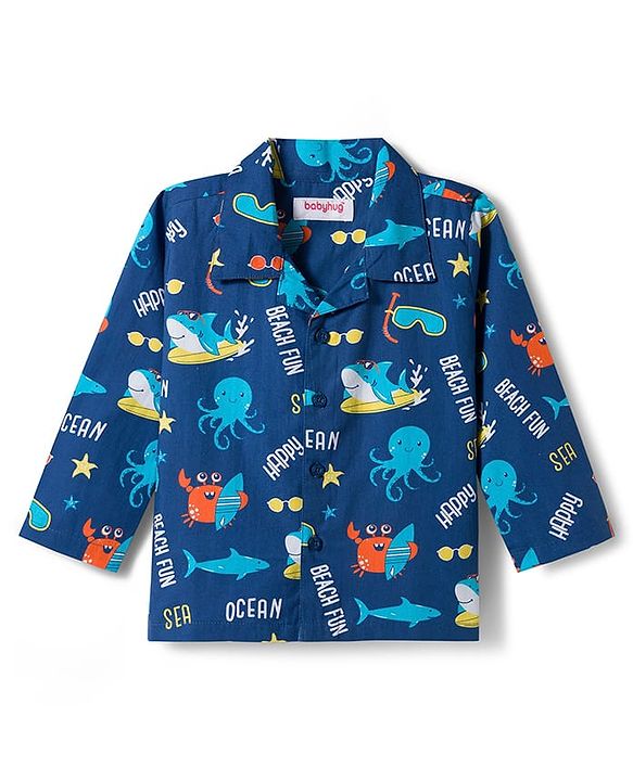 Babyhug Cotton Woven Full Sleeves Co-ord Night Suit With Sea Animal Print - Navy Blue