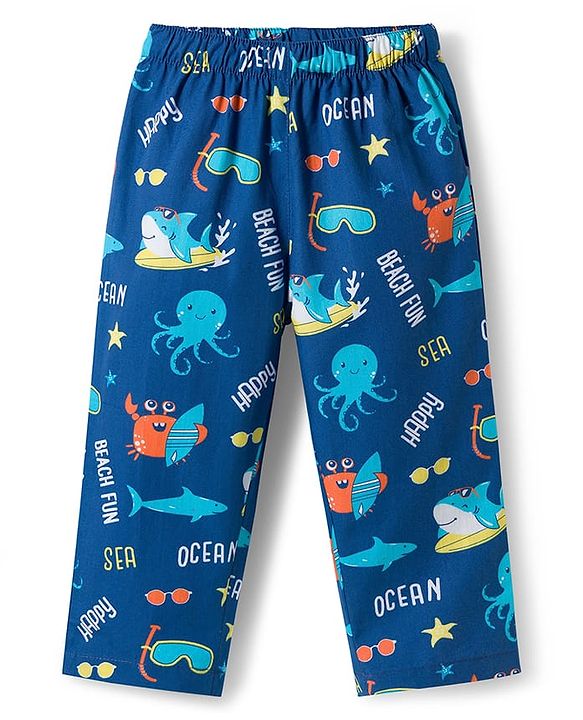 Babyhug Cotton Woven Full Sleeves Co-ord Night Suit With Sea Animal Print - Navy Blue