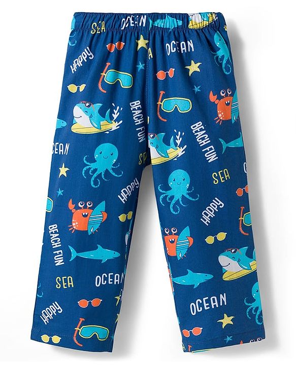 Babyhug Cotton Woven Full Sleeves Co-ord Night Suit With Sea Animal Print - Navy Blue