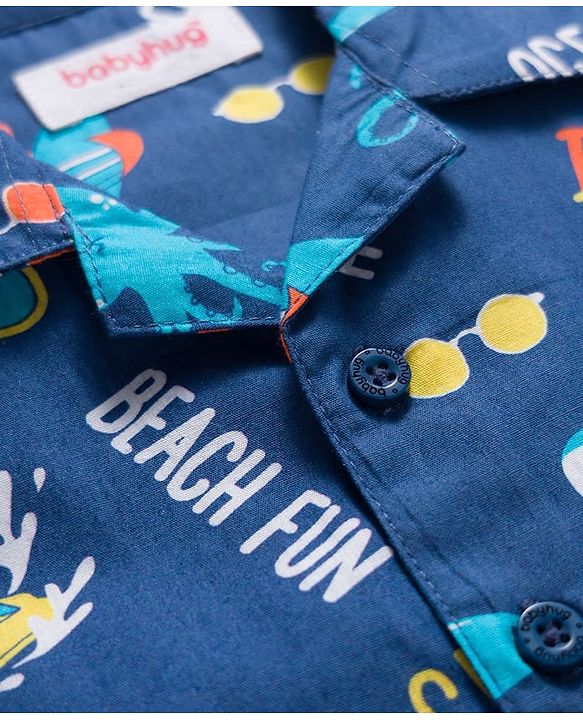 Babyhug Cotton Woven Full Sleeves Co-ord Night Suit With Sea Animal Print - Navy Blue