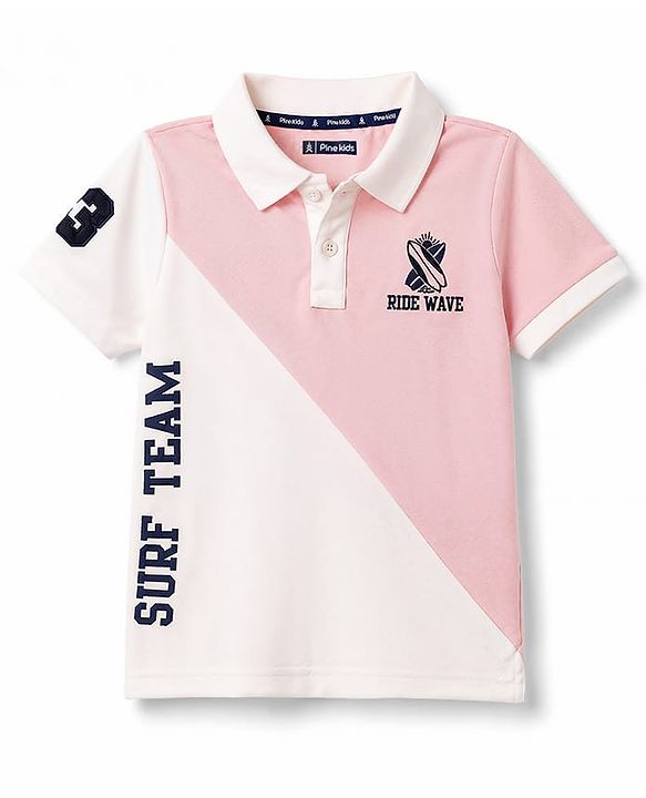 Pine Kids Cotton Knit Half Sleeves Polo T-Shirt with Cut & Sew Colour Block Design -  Pink & White