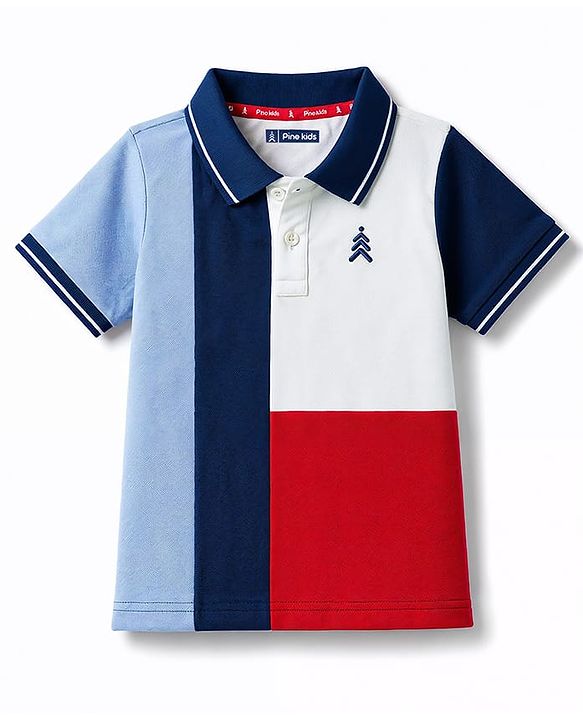 Pine Kids Cotton Knit Half Sleeves Solid Colour Polo T-Shirt  with Colour Block Design-  Red
