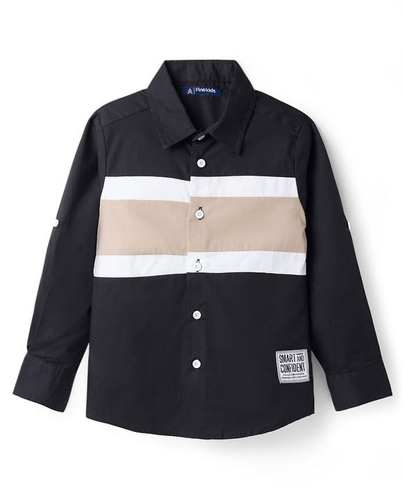 Pine Kids Cotton Woven Full Sleeves Solid Shirt - Black