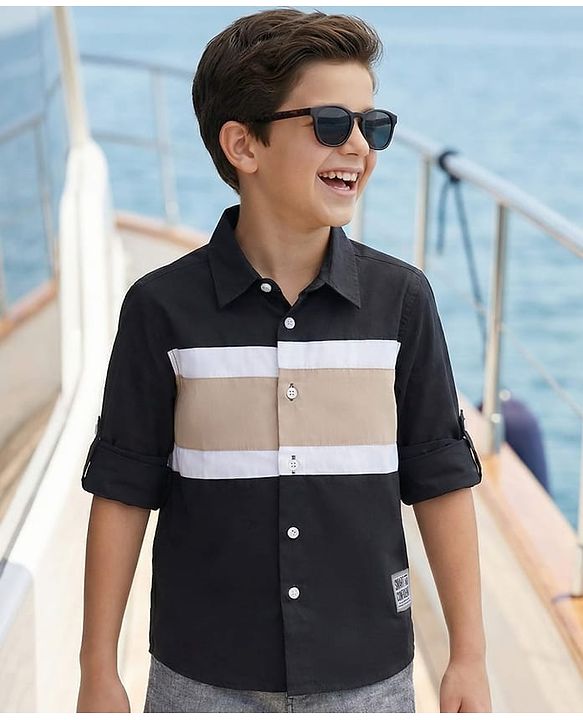 Pine Kids Cotton Woven Full Sleeves Solid Shirt - Black
