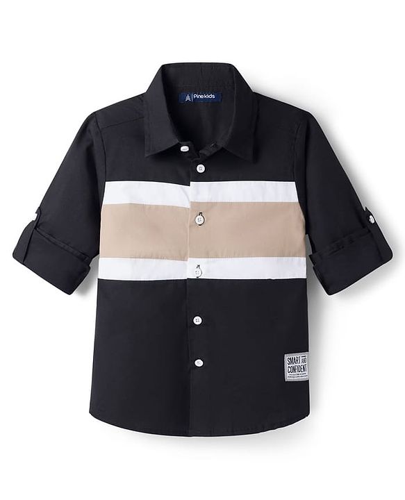 Pine Kids Cotton Woven Full Sleeves Solid Shirt - Black
