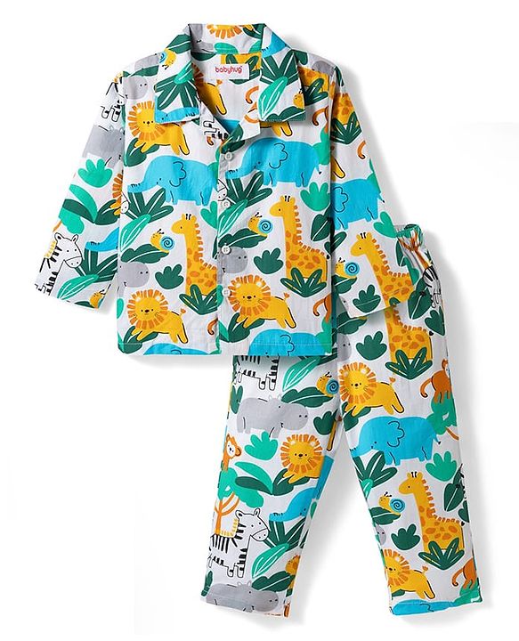Babyhug 100% Cotton Woven Full Sleeves Co-ord Night Suit With Animal Print - White