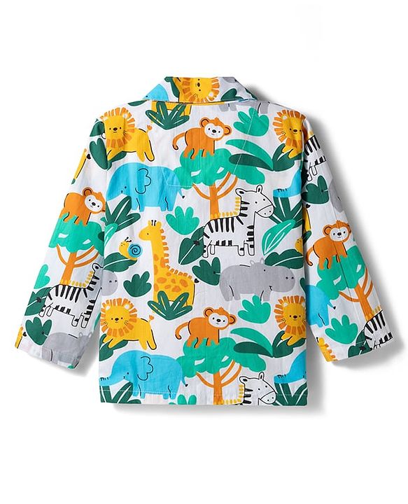 Babyhug 100% Cotton Woven Full Sleeves Co-ord Night Suit With Animal Print - White