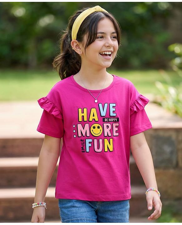 Pine Kids Cotton Knit Half Sleeves T-Shirt With Text Print - Dark Pink