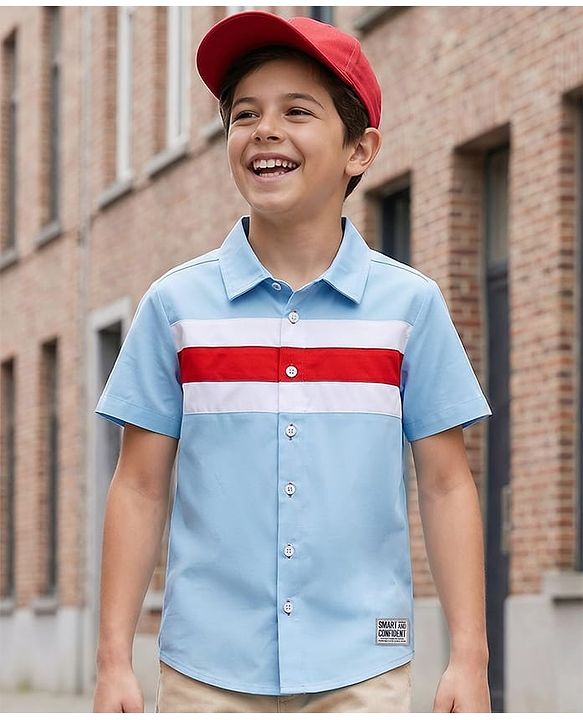 Pine Kids Cotton Woven Half Sleeves Solid Colour Shirt - Light Blue