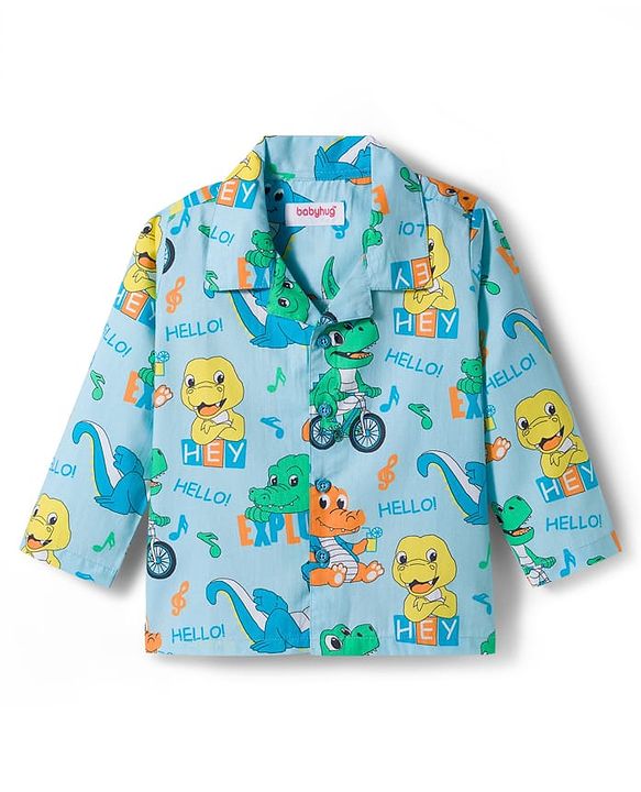 Babyhug Cotton Woven Full Sleeves Co-ord Night Suit With Dino Print - Light Blue