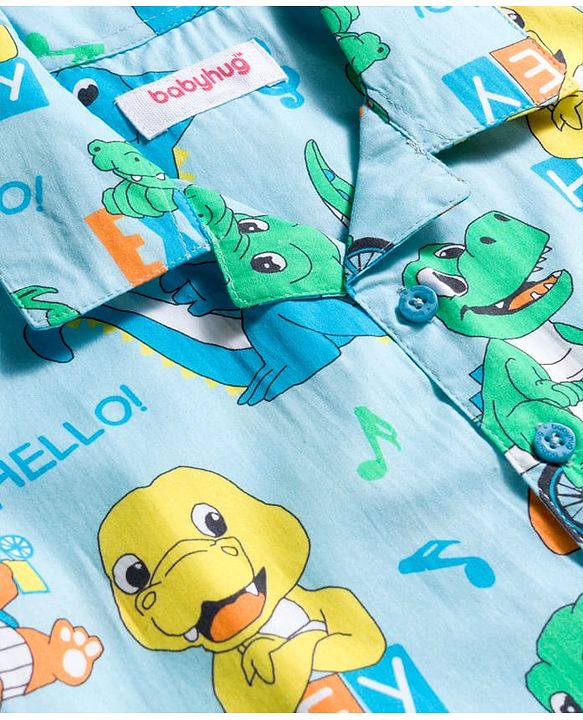 Babyhug Cotton Woven Full Sleeves Co-ord Night Suit With Dino Print - Light Blue