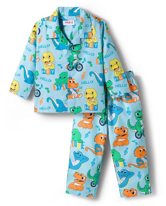 Babyhug Cotton Woven Full Sleeves Co-ord Night Suit With Dino Print - Light Blue