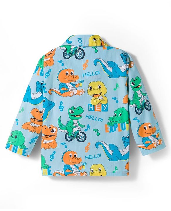 Babyhug Cotton Woven Full Sleeves Co-ord Night Suit With Dino Print - Light Blue