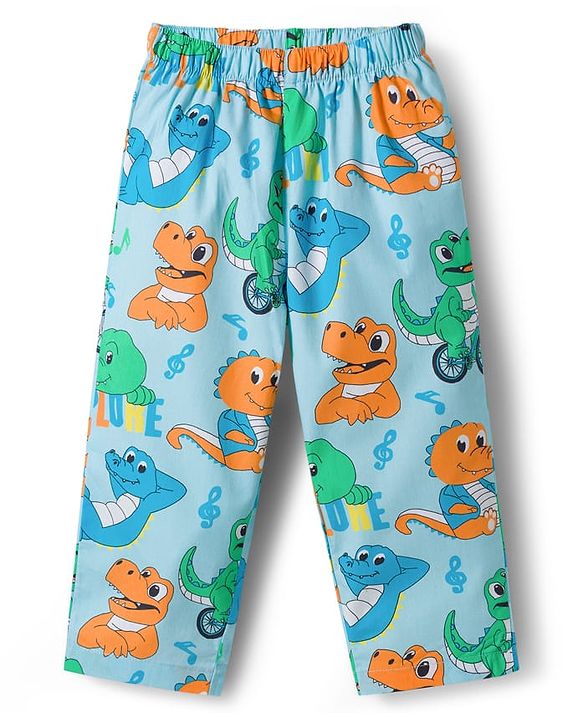 Babyhug Cotton Woven Full Sleeves Co-ord Night Suit With Dino Print - Light Blue