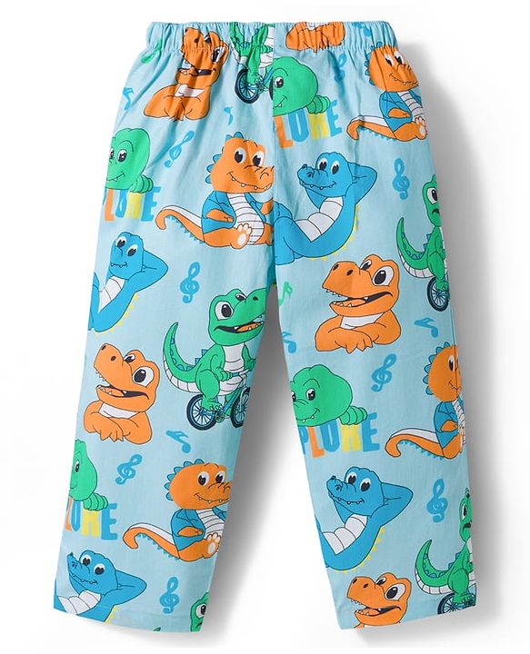 Babyhug Cotton Woven Full Sleeves Co-ord Night Suit With Dino Print - Light Blue