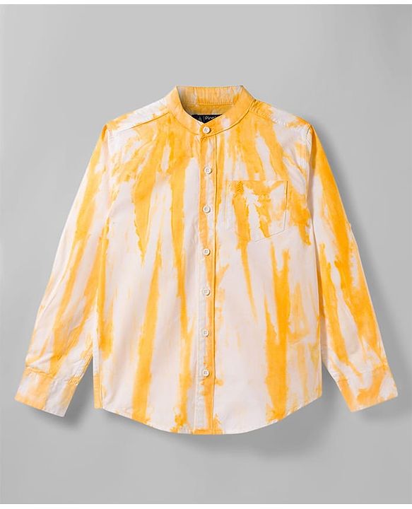 Pine Kids Cotton Woven Full Sleeves Mandarin Collar Shirt With Tie & Dye Effects - Yellow