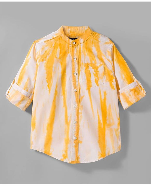 Pine Kids Cotton Woven Full Sleeves Mandarin Collar Shirt With Tie & Dye Effects - Yellow