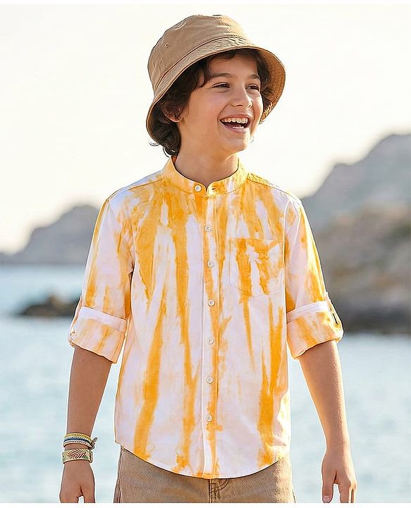 Pine Kids Cotton Woven Full Sleeves Mandarin Collar Shirt With Tie & Dye Effects - Yellow