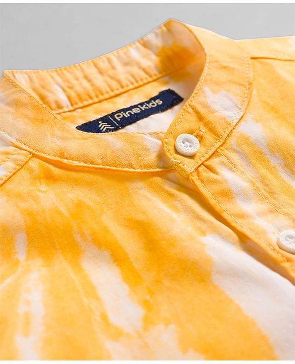Pine Kids Cotton Woven Full Sleeves Mandarin Collar Shirt With Tie & Dye Effects - Yellow