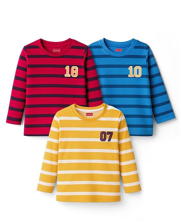 Babyhug Cotton Knit Full Sleeves Striped & Number Printed T-Shirts Pack of 3 - Red Yellow & Blue